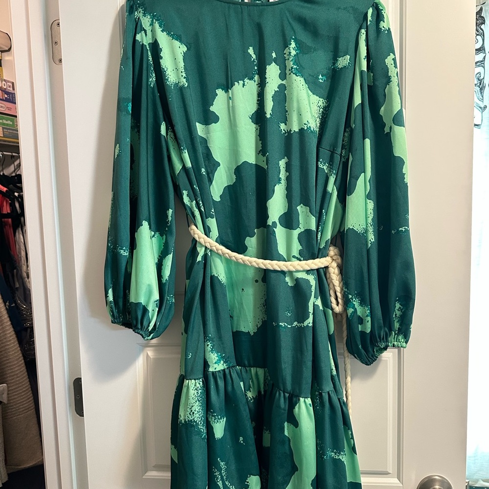 Green Patterned Silk Dress with Rope Belt